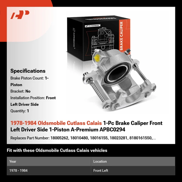 1978-1984 Oldsmobile Cutlass Calais 1-Pc Brake Caliper Front Left Driver Side 1-Piston A-Premium APBC0294