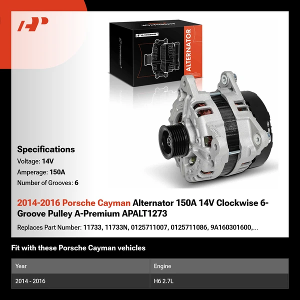 2014-2016 Porsche Cayman Alternator 150A 14V Clockwise 6-Groove Pulley A-Premium APALT1273