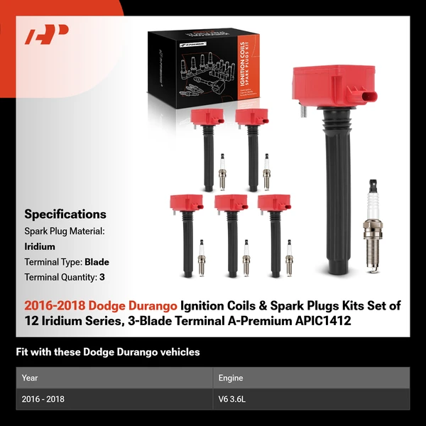 2016-2018 Dodge Durango Ignition Coils & Spark Plugs Kits Set of 12 Iridium Series, 3-Blade Terminal A-Premium APIC1412