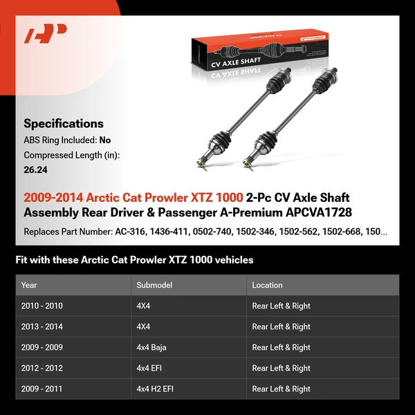 2009-2014 Arctic Cat Prowler XTZ 1000 2-Pc CV Axle Shaft Assembly Rear Driver & Passenger A-Premium APCVA1728