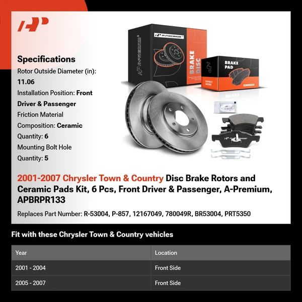 2001-2007 Chrysler Town & Country Disc Brake Rotors and Ceramic Pads Kit, 6 Pcs, Front Driver & Passenger, A-Premium, APBRPR133