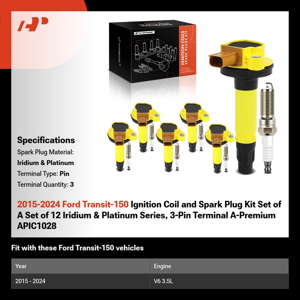 2015-2024 Ford Transit-150 Ignition Coil and Spark Plug Kit Set of A Set of 12 Iridium & Platinum Series, 3-Pin Terminal A-Premium APIC1028