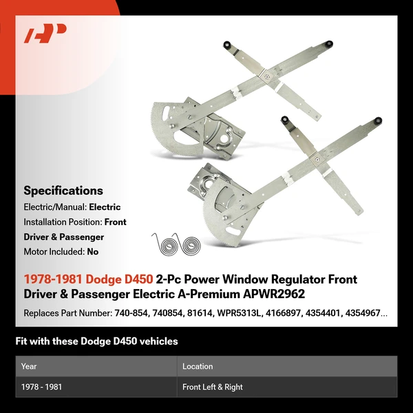 1978-1981 Dodge D450 2-Pc Power Window Regulator Front Driver & Passenger Electric A-Premium APWR2962