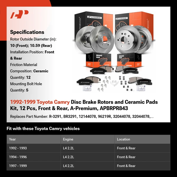 1992-1999 Toyota Camry Disc Brake Rotors and Ceramic Pads Kit, 12 Pcs, Front & Rear, A-Premium, APBRPR843