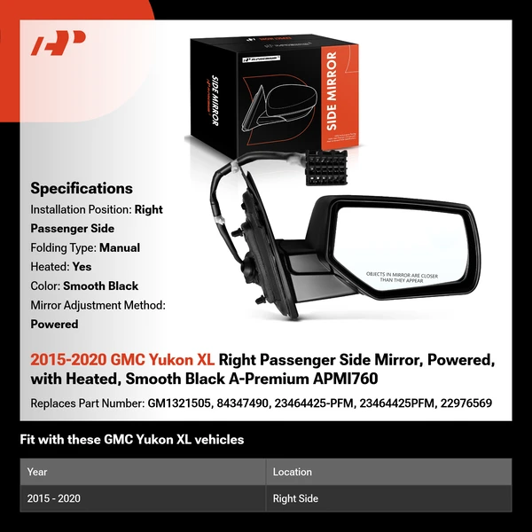 2015-2020 GMC Yukon XL Right Passenger Side Mirror, Powered, with Heated, Smooth Black A-Premium APMI760
