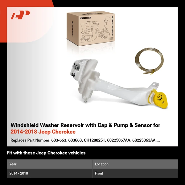 Windshield Washer Reservoir with Cap & Pump & Sensor for 2014-2018 Jeep Cherokee