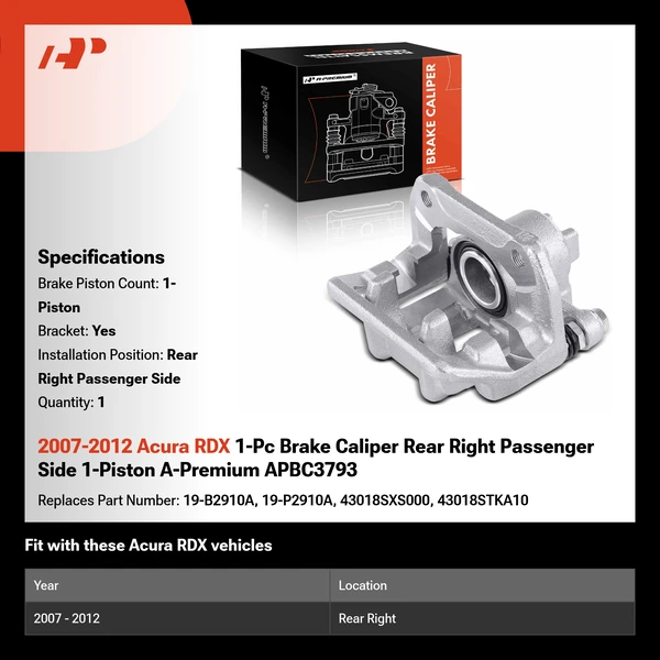 2007-2012 Acura RDX 1-Pc Brake Caliper Rear Right Passenger Side 1-Piston A-Premium APBC3793