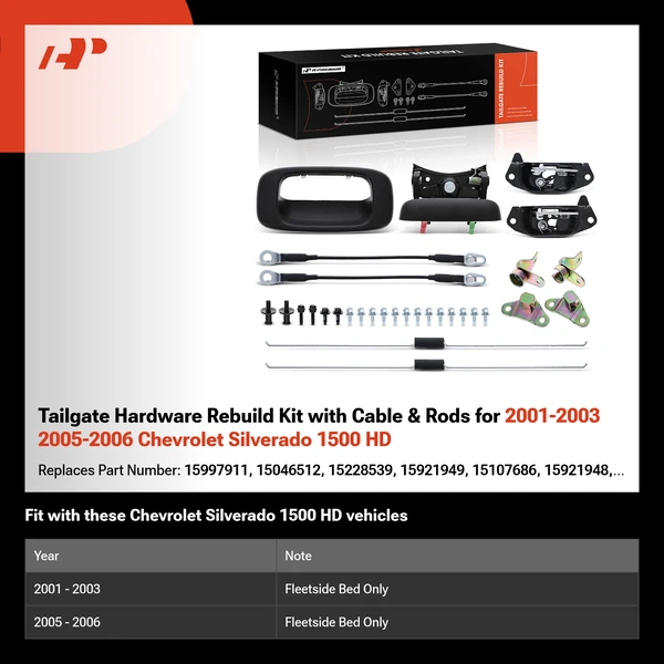 Tailgate Hardware Rebuild Kit with Cable & Rods for 2001-2003 2005-2006 Chevrolet Silverado 1500 HD