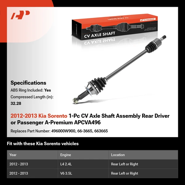 2012-2013 Kia Sorento 1-Pc CV Axle Shaft Assembly Rear Driver or Passenger A-Premium APCVA496