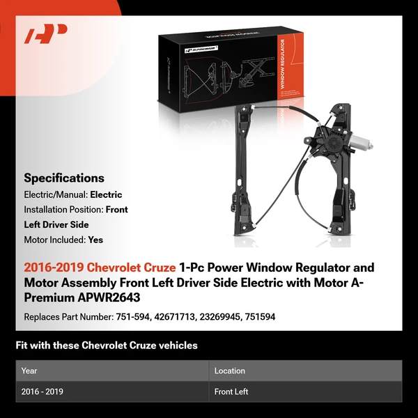 2016-2019 Chevrolet Cruze 1-Pc Power Window Regulator and Motor Assembly Front Left Driver Side Electric with Motor A-Premium APWR2643
