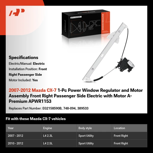 2007-2012 Mazda CX-7 1-Pc Power Window Regulator and Motor Assembly Front Right Passenger Side Electric with Motor A-Premium APWR1153
