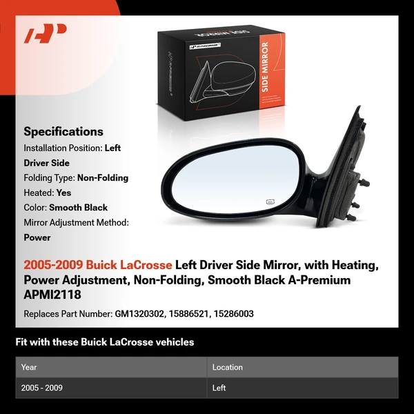 2005-2009 Buick LaCrosse Left Driver Side Mirror, with Heating, Power Adjustment, Non-Folding, Smooth Black A-Premium APMI2118