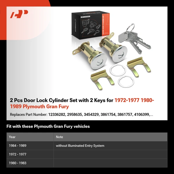 2 Pcs Door Lock Cylinder Set with 2 Keys for 1972-1977 1980-1989 Plymouth Gran Fury