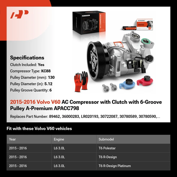 2015-2016 Volvo V60 AC Compressor with Clutch with 6-Groove Pulley A-Premium APACC798