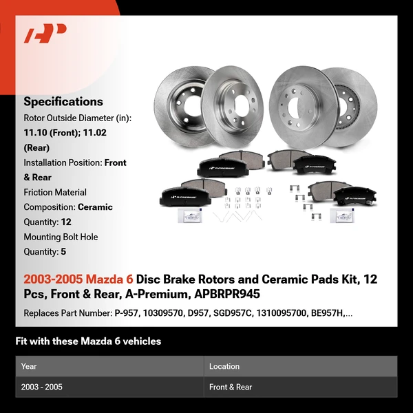 2003-2005 Mazda 6 Disc Brake Rotors and Ceramic Pads Kit, 12 Pcs, Front & Rear, A-Premium, APBRPR945