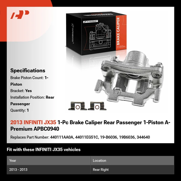 2013 INFINITI JX35 1-Pc Brake Caliper Rear Passenger 1-Piston A-Premium APBC0940