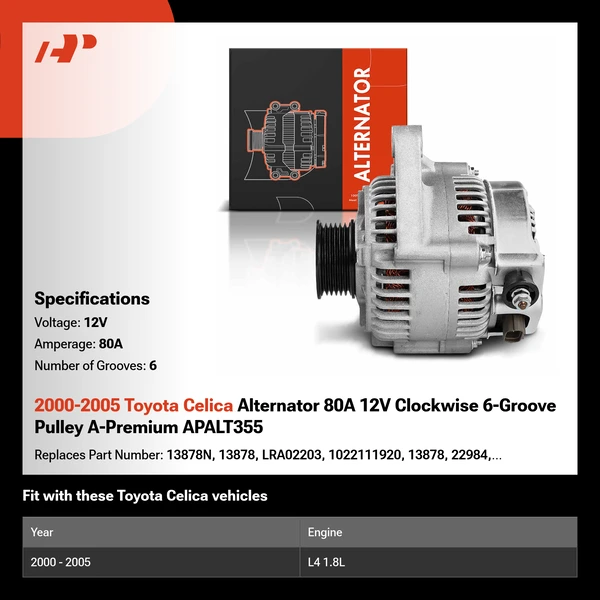 2000-2005 Toyota Celica Alternator 80A 12V Clockwise 6-Groove Pulley A-Premium APALT355
