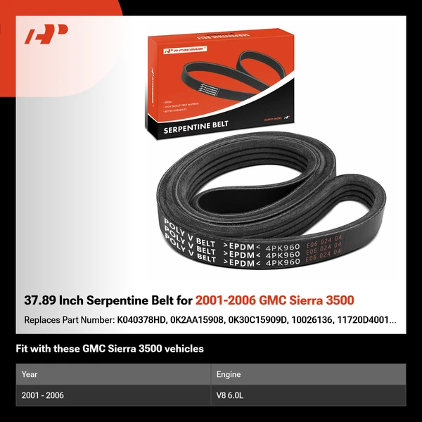 37.89 Inch Serpentine Belt for 2001-2006 GMC Sierra 3500
