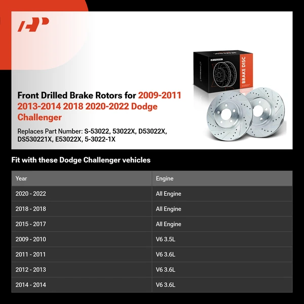 Front Drilled Brake Rotors for 2009-2011 2013-2014 2018 2020-2022 Dodge Challenger
