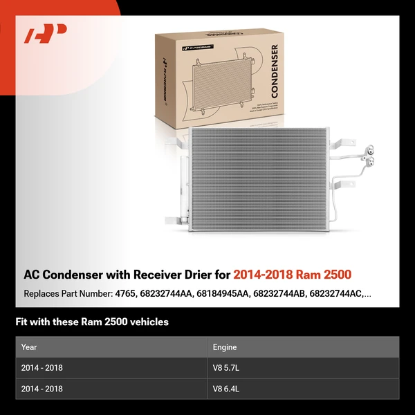 AC Condenser with Receiver Drier for 2014-2018 Ram 2500