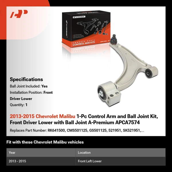 2013-2015 Chevrolet Malibu 1-Pc Control Arm and Ball Joint Kit, Front Driver Lower with Ball Joint A-Premium APCA7574