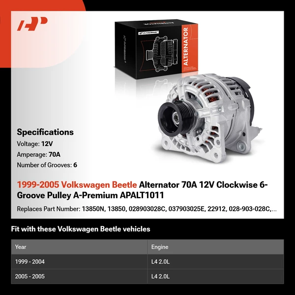 1999-2005 Volkswagen Beetle Alternator 70A 12V Clockwise 6-Groove Pulley A-Premium APALT1011