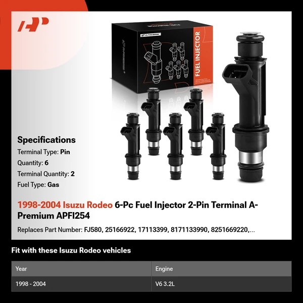 1998-2004 Isuzu Rodeo 6-Pc Fuel Injector 2-Pin Terminal A-Premium APFI254