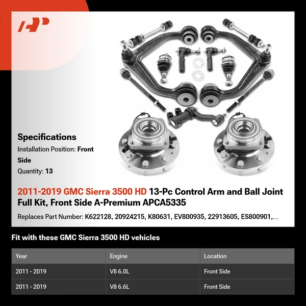 2011-2019 GMC Sierra 3500 HD 13-Pc Control Arm and Ball Joint Full Kit, Front Side A-Premium APCA5335
