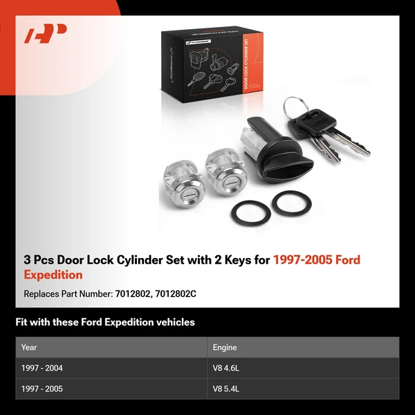 3 Pcs Door Lock Cylinder Set with 2 Keys for 1997-2005 Ford Expedition