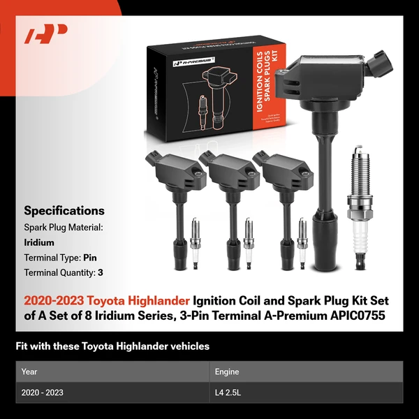 2020-2023 Toyota Highlander Ignition Coil and Spark Plug Kit Set of A Set of 8 Iridium Series, 3-Pin Terminal A-Premium APIC0755