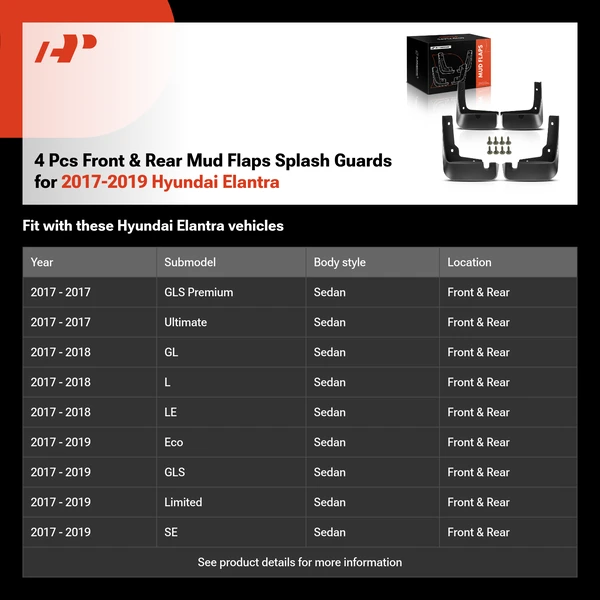 4 Pcs Front & Rear Mud Flaps Splash Guards for 2017-2019 Hyundai Elantra