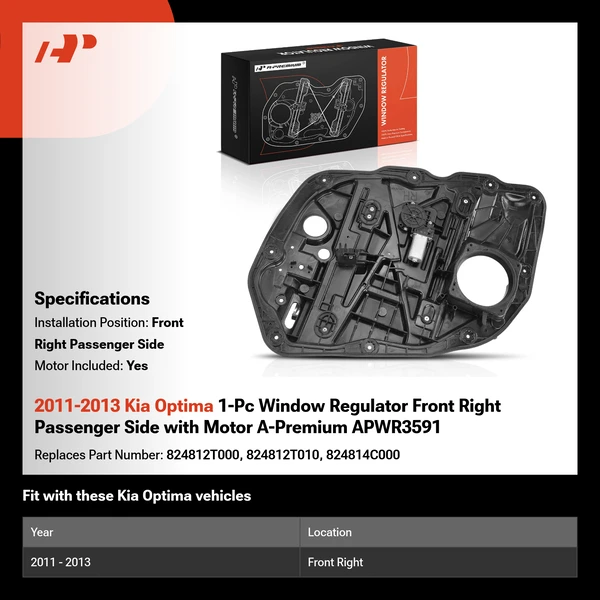 2011-2013 Kia Optima 1-Pc Window Regulator Front Right Passenger Side with Motor A-Premium APWR3591