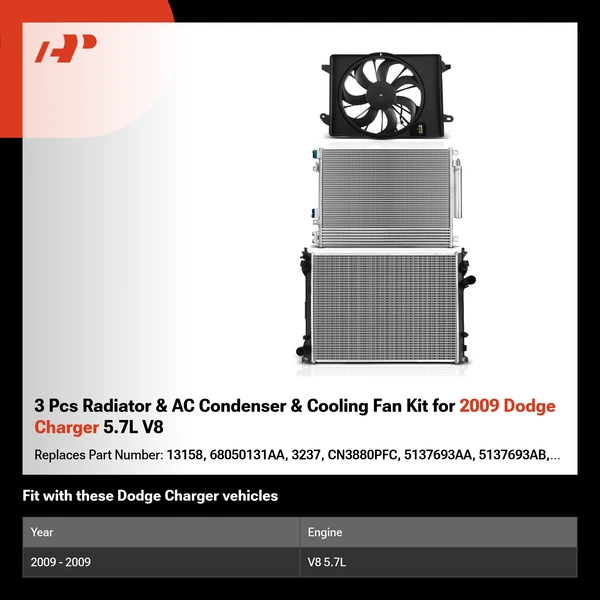 3 Pcs Radiator & AC Condenser & Cooling Fan Kit for 2009 Dodge Charger 5.7L V8