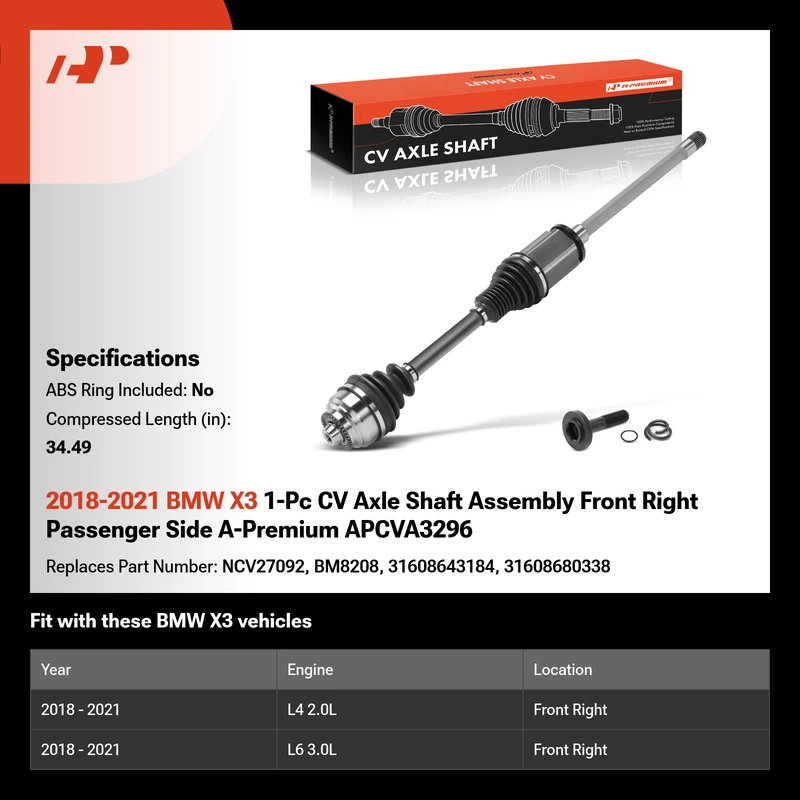 2018-2021 BMW X3 1-Pc CV Axle Shaft Assembly Front Right Passenger Side A-Premium APCVA3296
