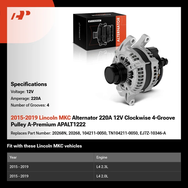 2015-2019 Lincoln MKC Alternator 220A 12V Clockwise 4-Groove Pulley A-Premium APALT1222