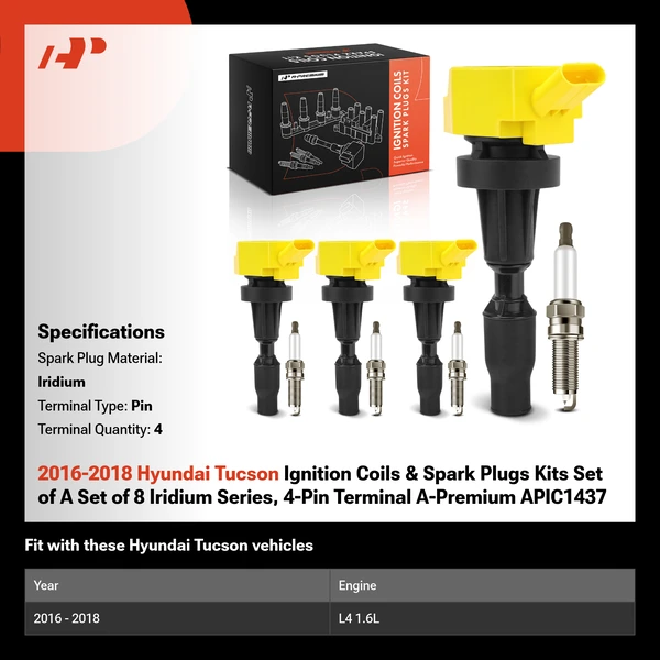 2016-2018 Hyundai Tucson Ignition Coils & Spark Plugs Kits Set of A Set of 8 Iridium Series, 4-Pin Terminal A-Premium APIC1437