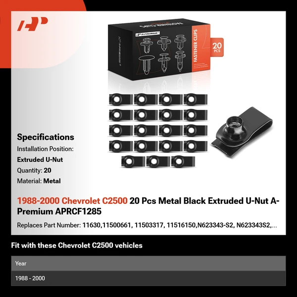 1988-2000 Chevrolet C2500 20 Pcs Metal Black Extruded U-Nut A-Premium APRCF1285