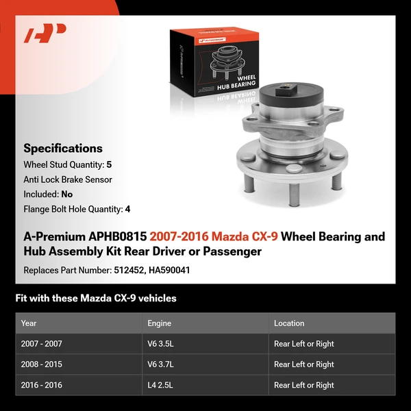 A-Premium APHB0815 2007-2016 Mazda CX-9 Wheel Bearing and Hub Assembly Kit Rear Driver or Passenger