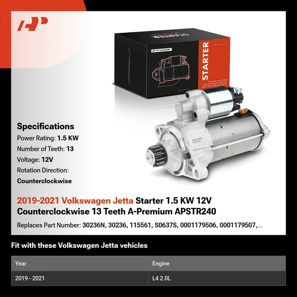 2019-2021 Volkswagen Jetta Starter 1.5 KW 12V Counterclockwise 13 Teeth A-Premium APSTR240