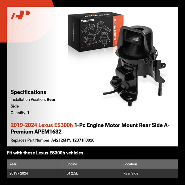 2019-2024 Lexus ES300h 1-Pc Engine Motor Mount Rear Side A-Premium APEM1632