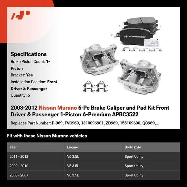 2003-2012 Nissan Murano 6-Pc Brake Caliper and Pad Kit Front Driver & Passenger 1-Piston A-Premium APBC3522