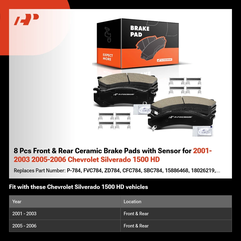 8 Pcs Front & Rear Ceramic Brake Pads with Sensor for 2001-2003 2005-2006 Chevrolet Silverado 1500 HD