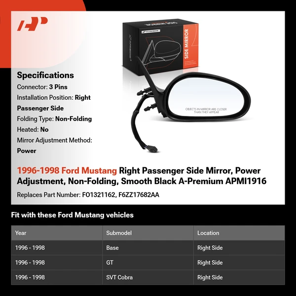 1996-1998 Ford Mustang Right Passenger Side Mirror, Power Adjustment, Non-Folding, Smooth Black A-Premium APMI1916