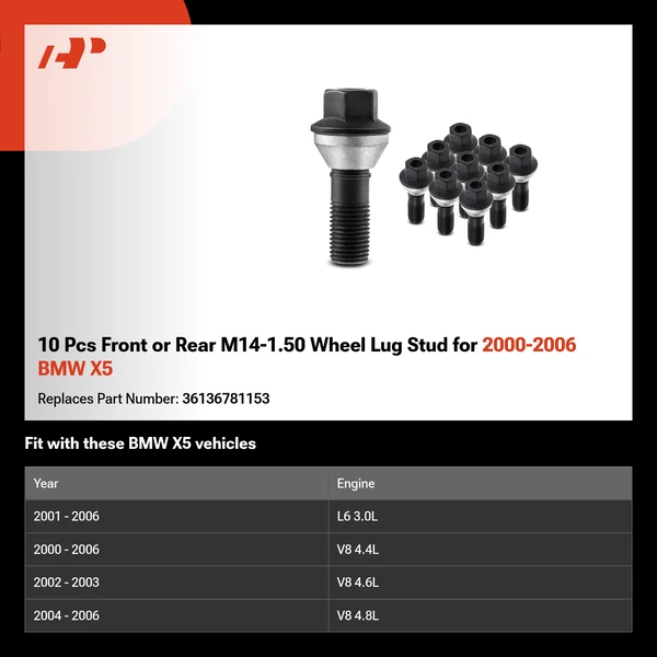 10 Pcs Front or Rear M14-1.50 Wheel Lug Stud for 2000-2006 BMW X5