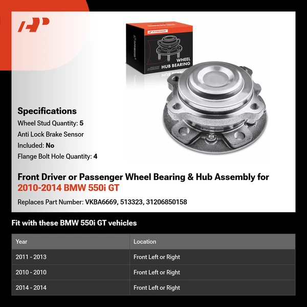 Front Driver or Passenger Wheel Bearing & Hub Assembly for 2010-2014 BMW 550i GT