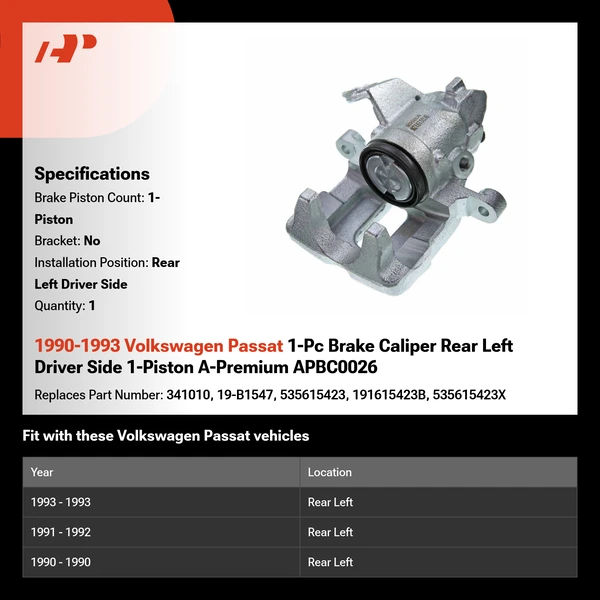 1990-1993 Volkswagen Passat 1-Pc Brake Caliper Rear Left Driver Side 1-Piston A-Premium APBC0026