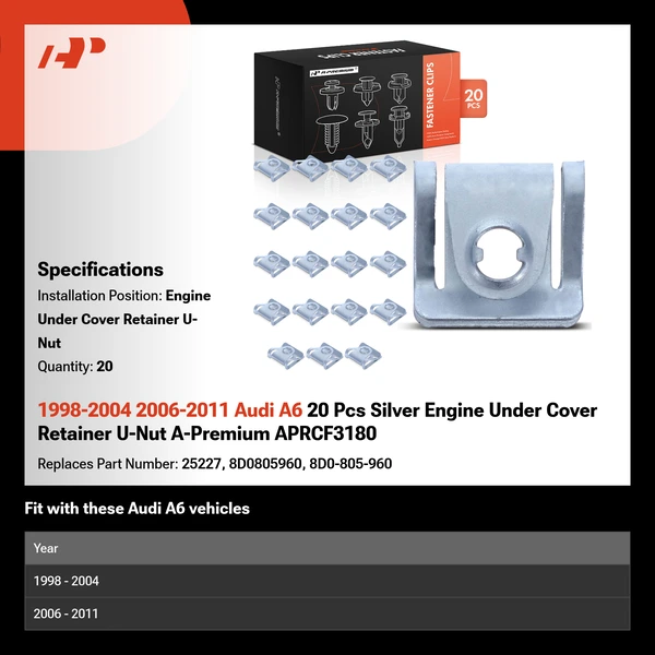 1998-2004 2006-2011 Audi A6 20 Pcs Silver Engine Under Cover Retainer U-Nut A-Premium APRCF3180