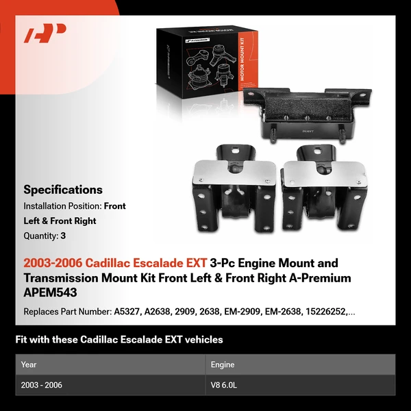 2003-2006 Cadillac Escalade EXT 3-Pc Engine Mount and Transmission Mount Kit Front Left & Front Right A-Premium APEM543