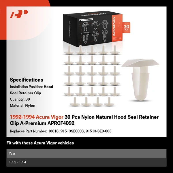 1992-1994 Acura Vigor 30 Pcs Nylon Natural Hood Seal Retainer Clip A-Premium APRCF4092