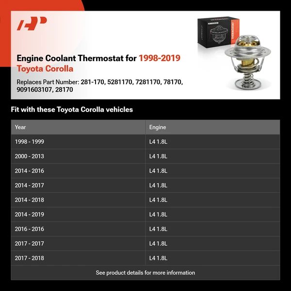 Engine Coolant Thermostat for 1998-2019 Toyota Corolla